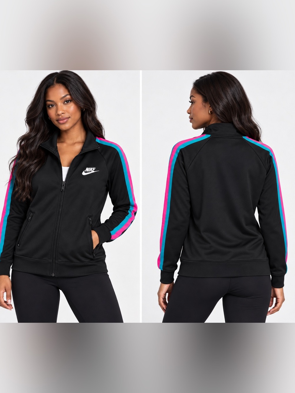 Nike Women's Black Bomber Jacket with Pink & Teal Sleeve Stripes
